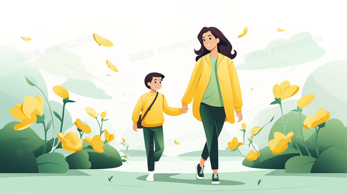 春季母亲带着孩子在公园里散步插画