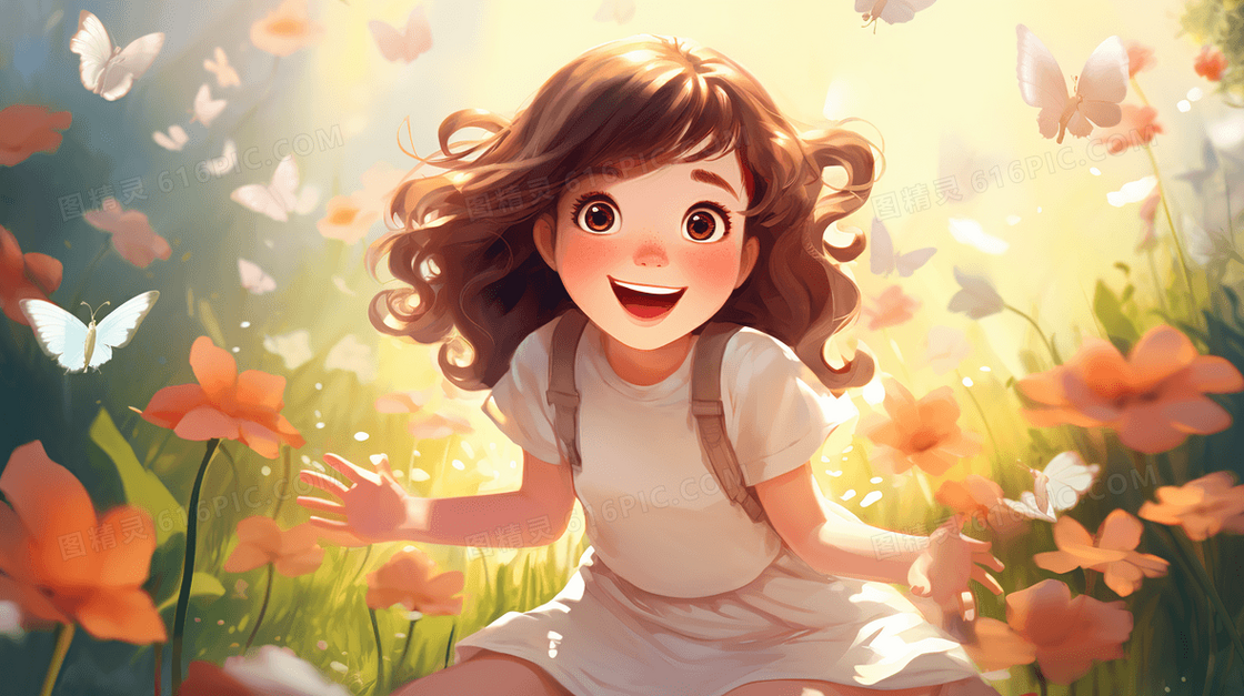 春天在草地花丛中快乐玩耍的女孩插画