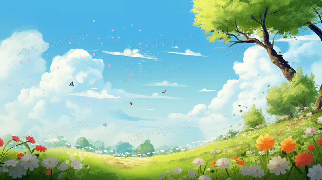 春意盎然的绿色草地大树美景插画