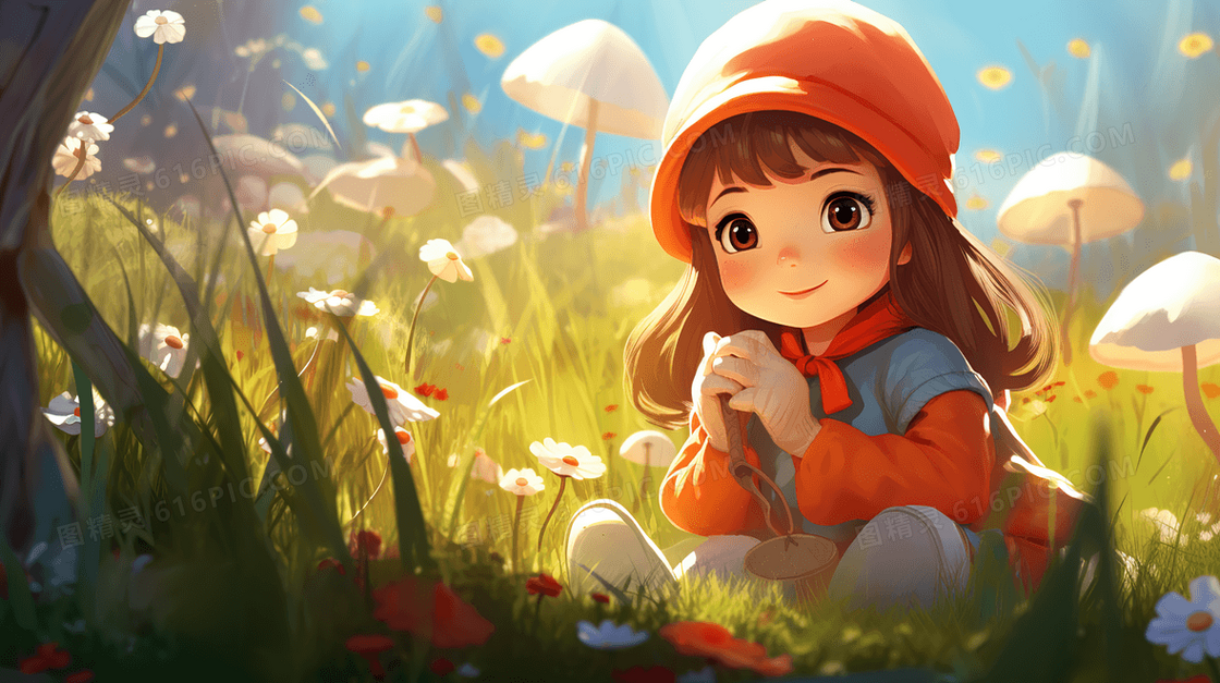 春天在草地花丛中的小女孩唯美插画