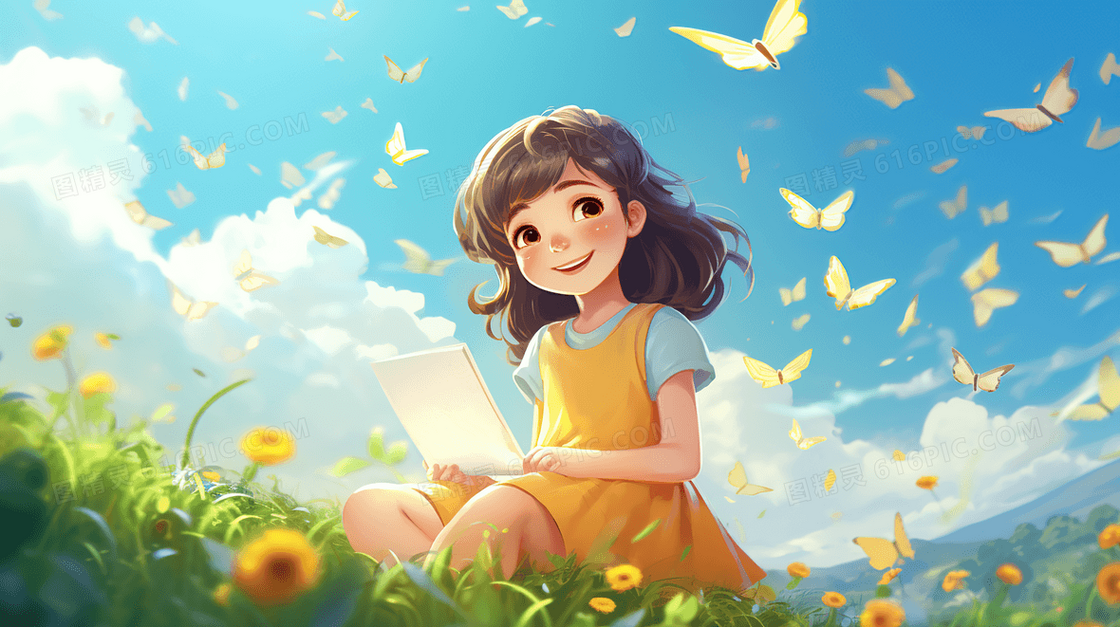 春天在草地花丛中的小女孩唯美插画