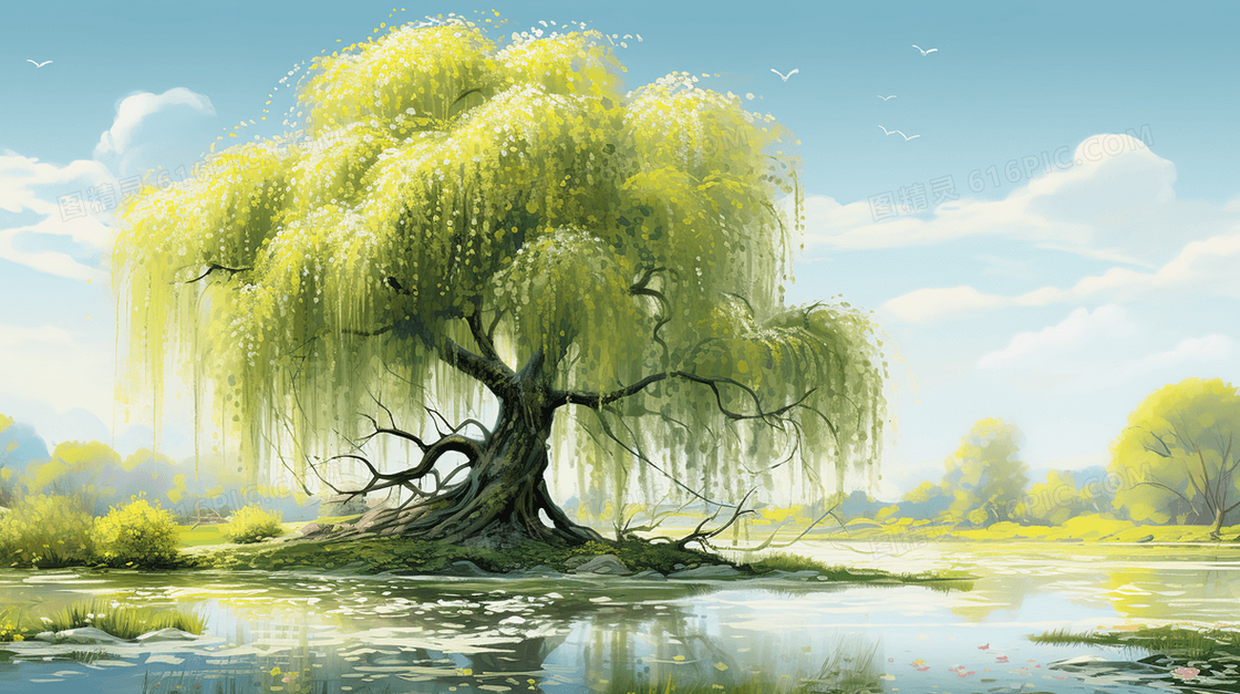 春天河边嫩绿的垂杨柳清新唯美风景插画