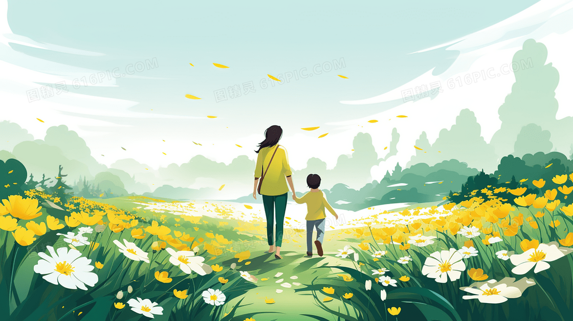春季母亲带着孩子在公园里散步插画