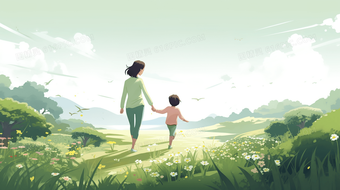 春季母亲带着孩子在公园里散步插画