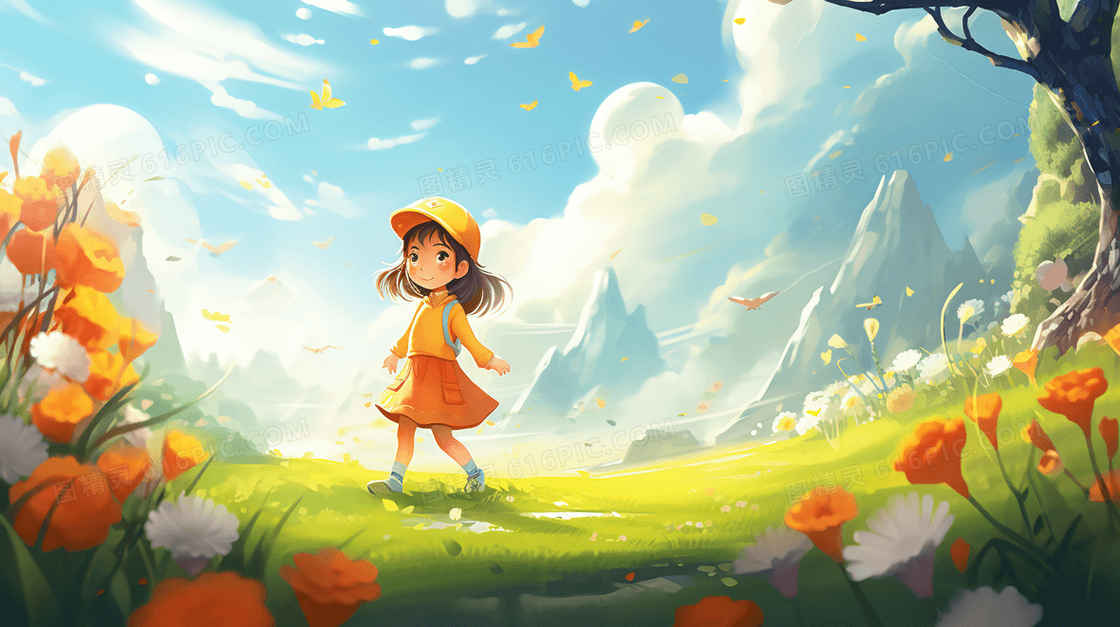 春天站在花朵盛开的草地上的小女孩清新插画