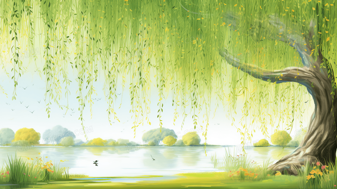 春天河边嫩绿的垂杨柳清新唯美风景插画