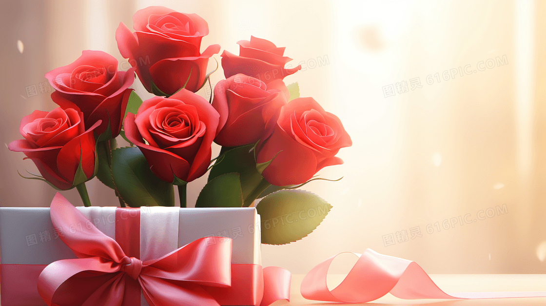 情人节浪漫的红色玫瑰花束礼物插画