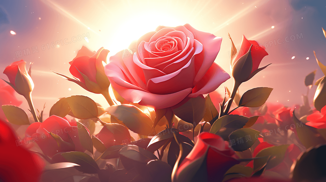 情人节浪漫的红色玫瑰花束礼物插画