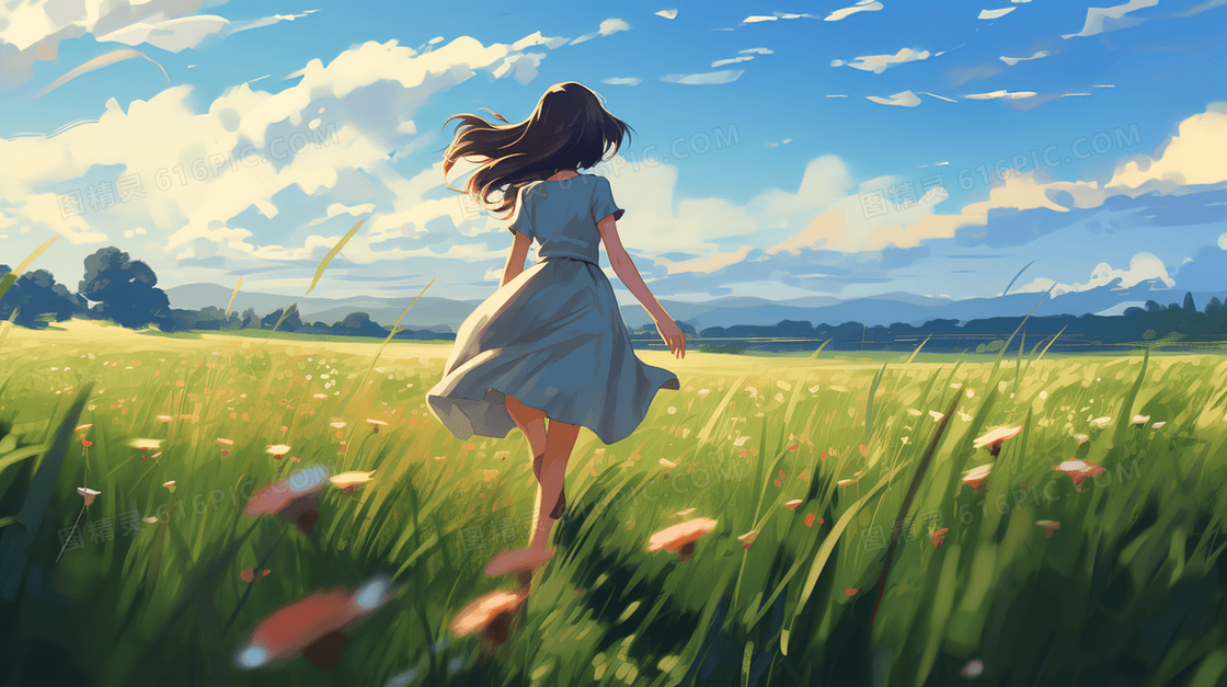 蓝天白云下草原上奔跑的少女插画