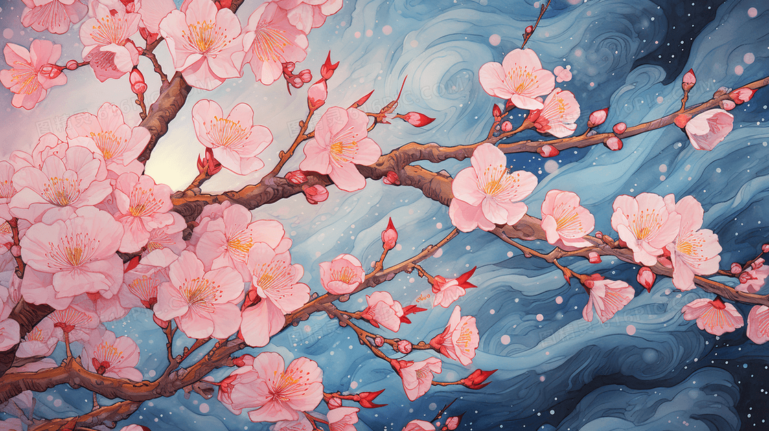 粉色盛开的桃花插画