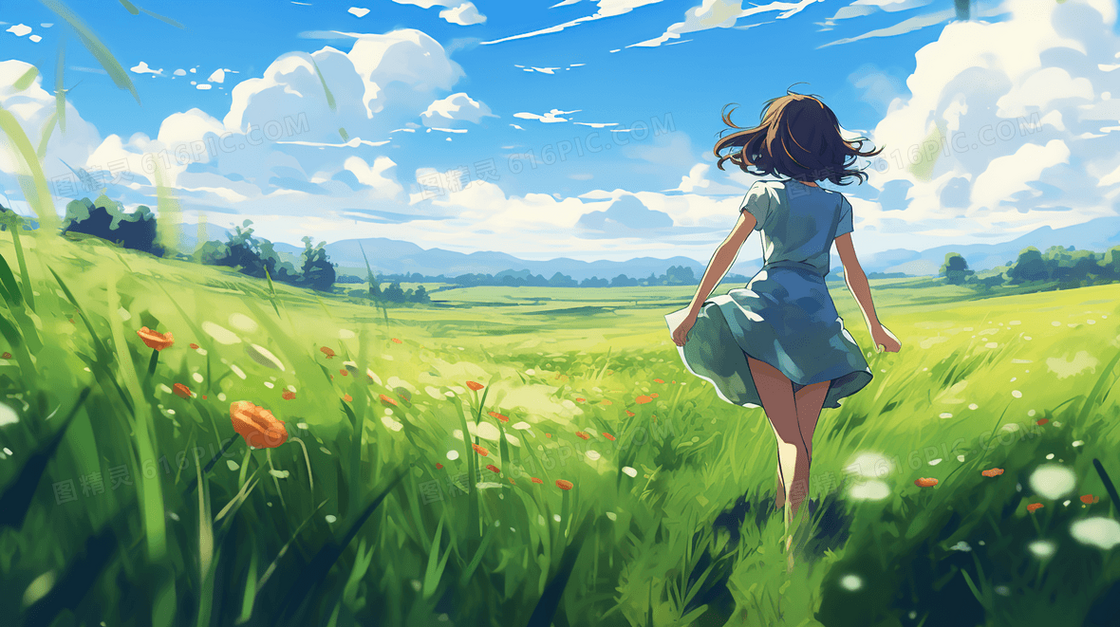 蓝天白云下草原上奔跑的少女插画