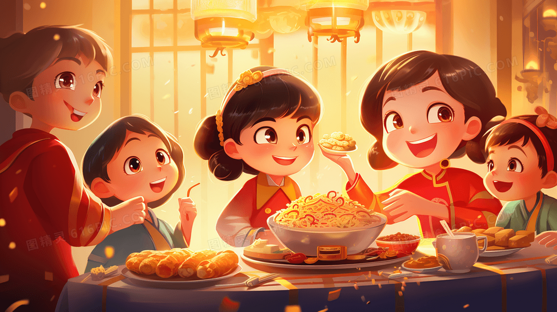 彩色春节年夜饭美食插画