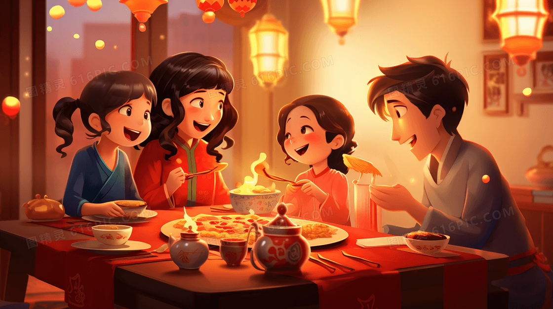 彩色春节年夜饭美食插画