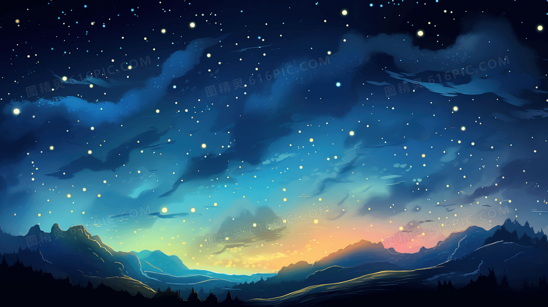 蓝色唯美夜色星空插画