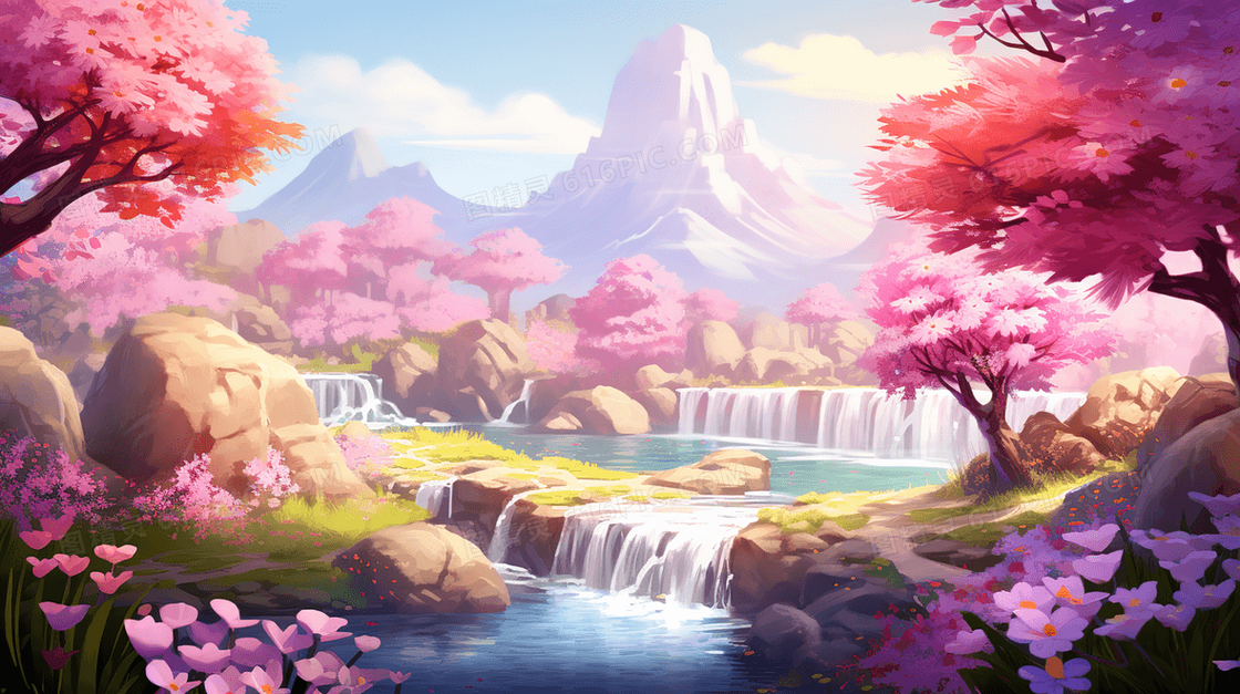 春天粉色花朵山水唯美风景插画