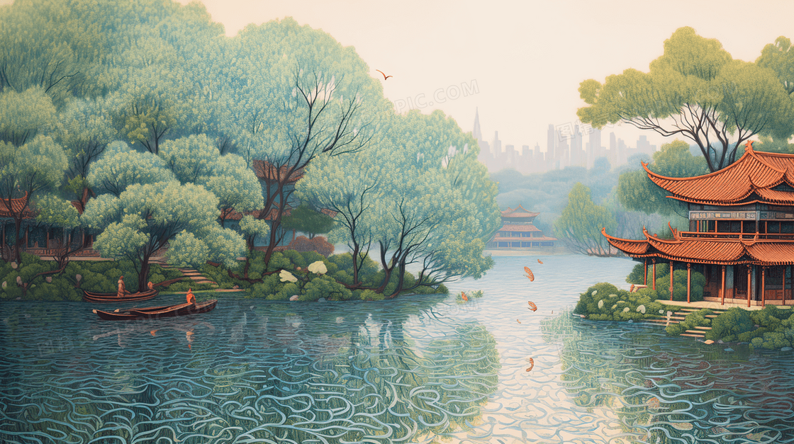 中国风风景园林自然风景插画