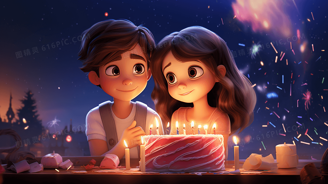 一对正在过生日的情侣插画