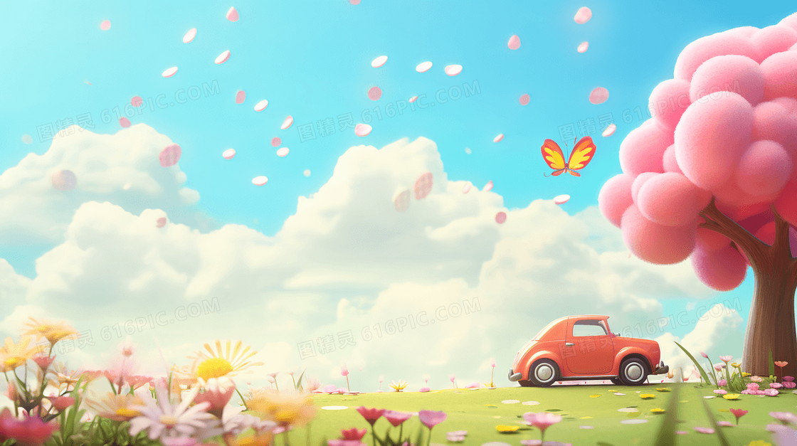 春天生机盎然的草原上粉色大树风景插画