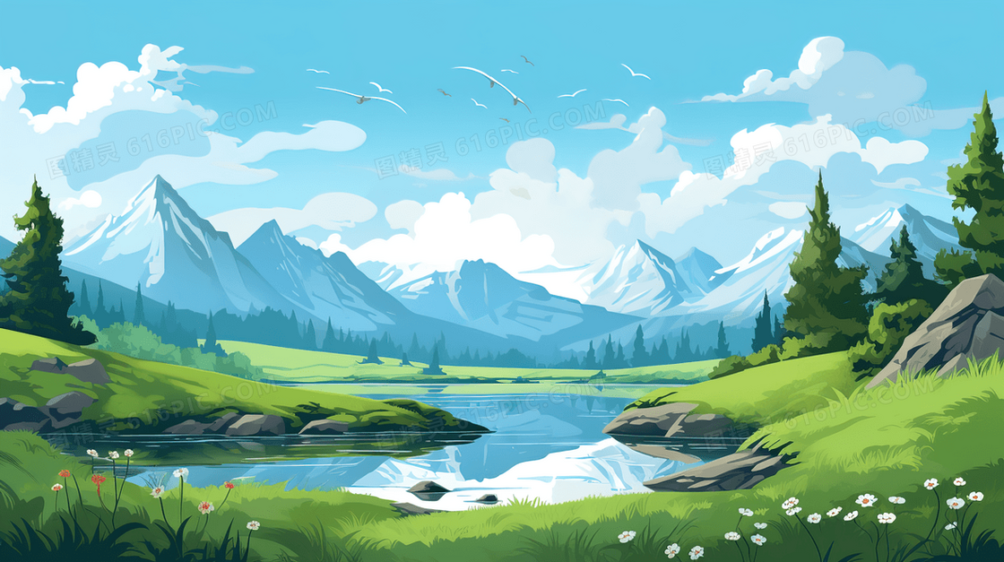 春天大山森林的湖泊插画