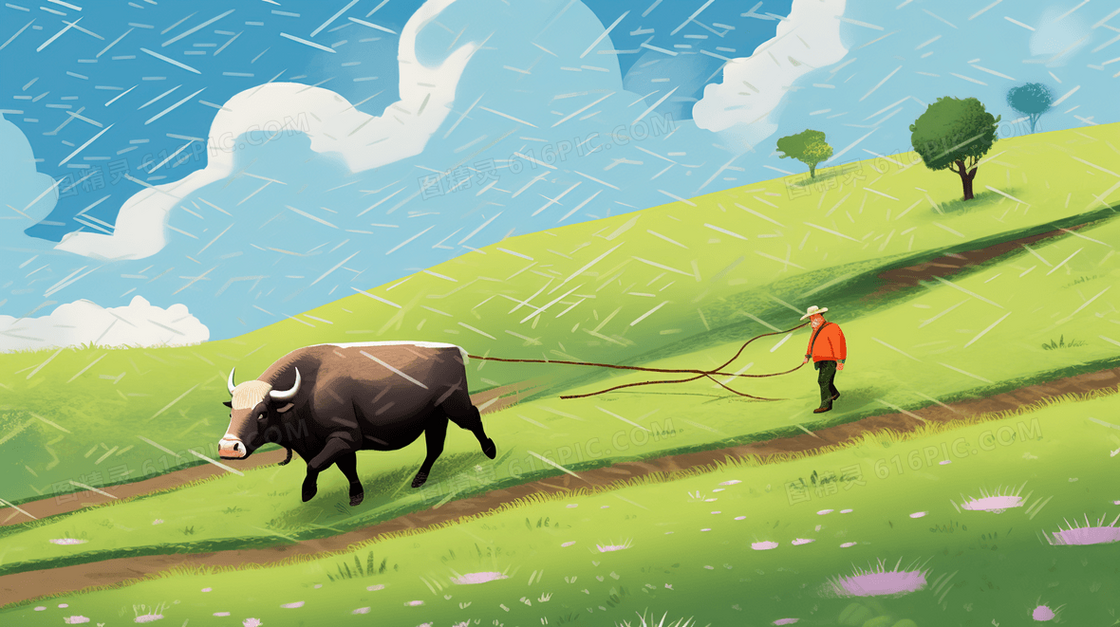 春季农民大山草地上牧牛插画