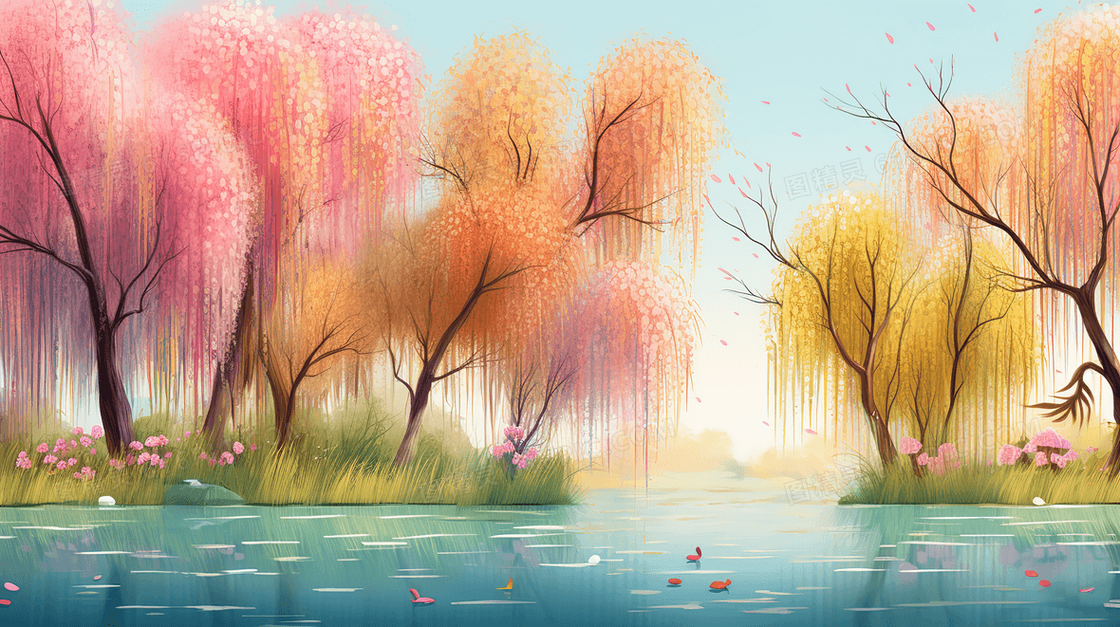 春天河边的垂柳树唯美风景插画
