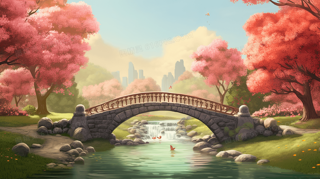 春天山林溪流上的小桥插画