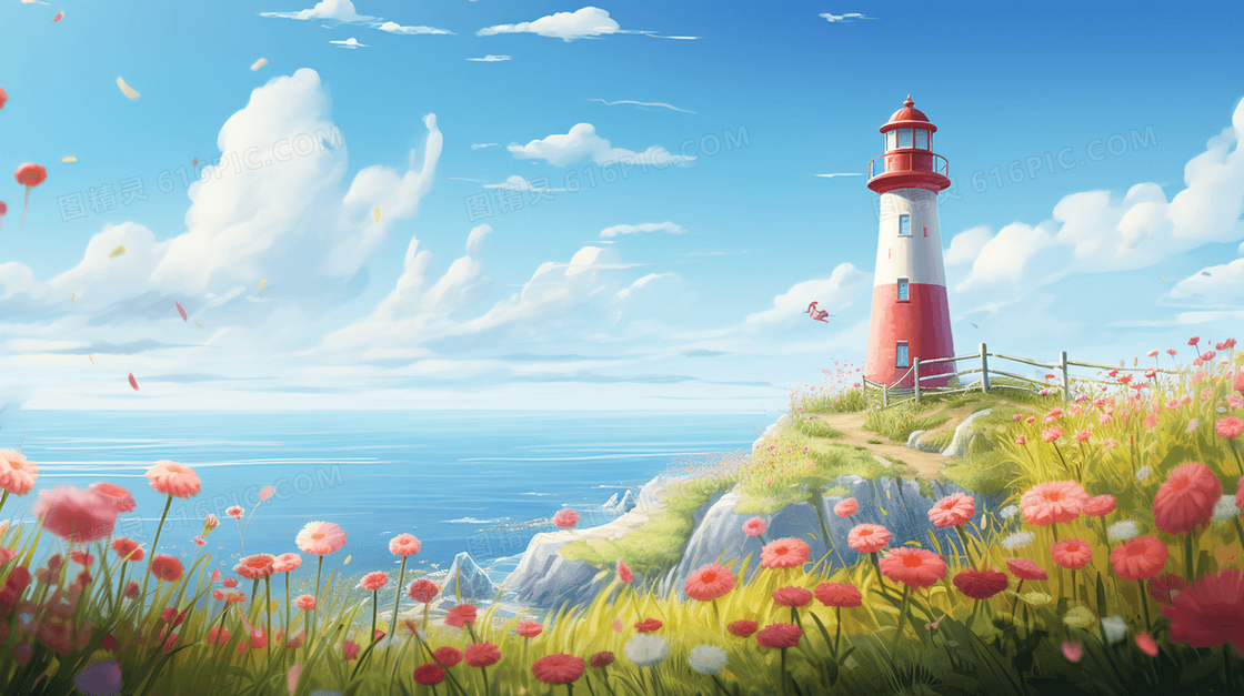 春天鲜花草地旁的海岸灯塔插画