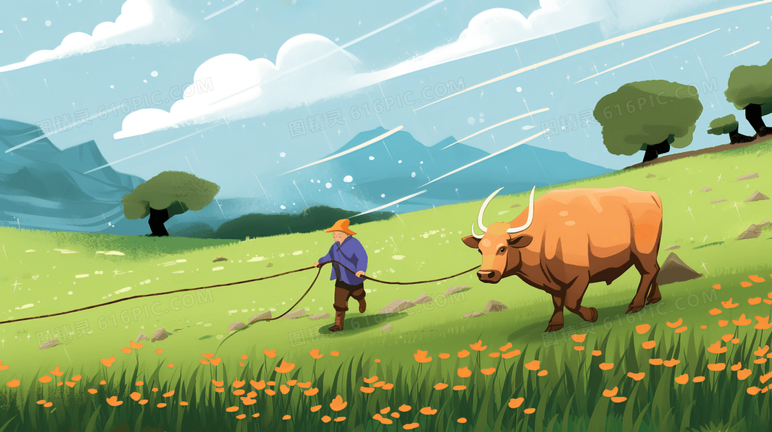 春季农民大山草地上牧牛插画