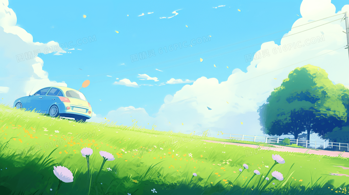 春日大草地上行驶的小车插画
