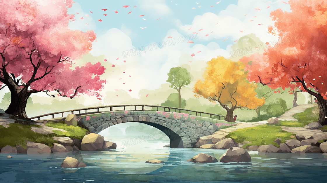 春天山林公园里溪流上的小桥插画