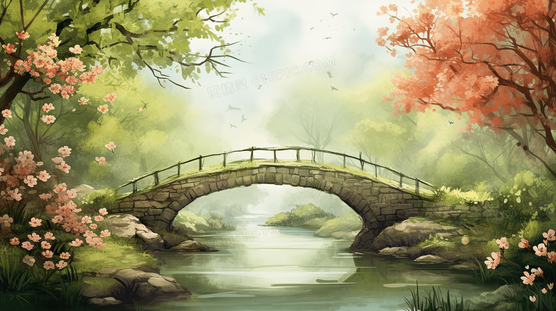 春天山林公园里溪流上的小桥插画