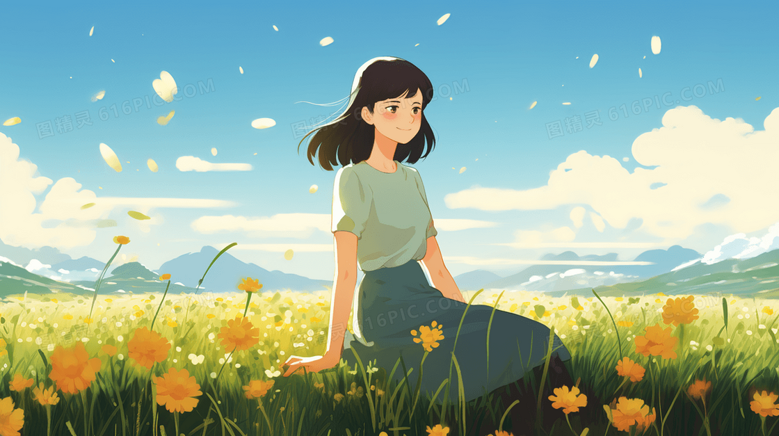 春天坐在草地花丛中的女孩唯美插画