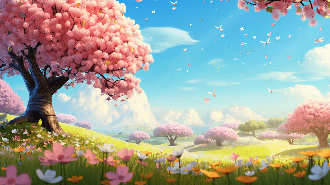 春天生机盎然的草原上粉色大树风景插画