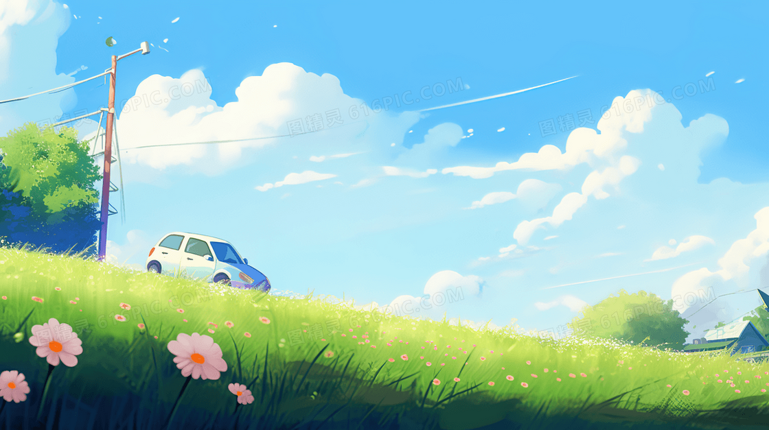 春日大草地上行驶的小车插画