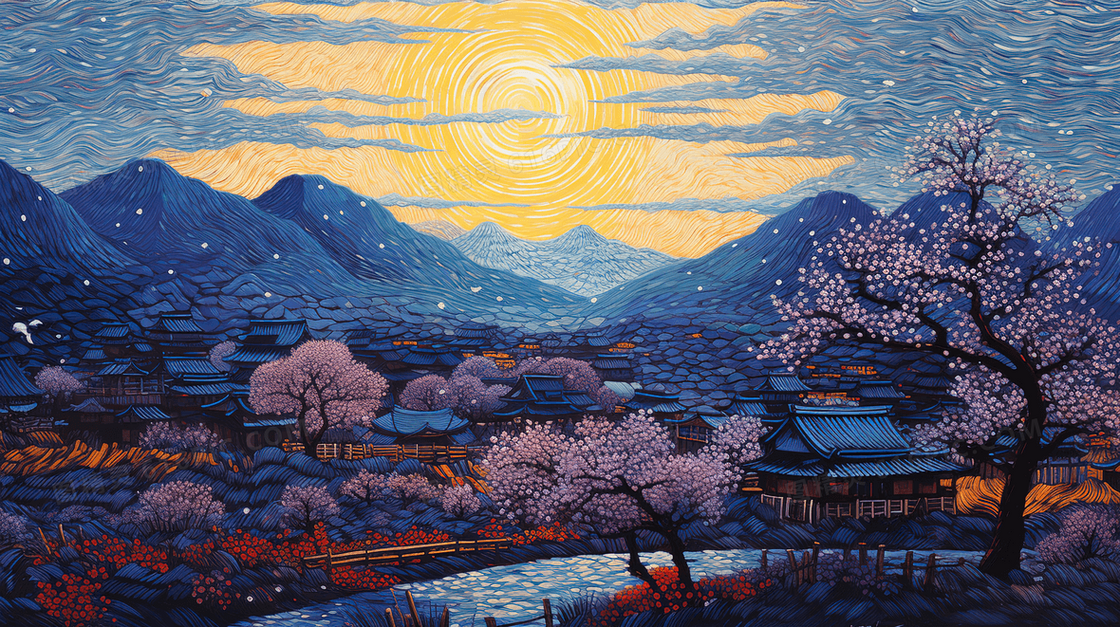 春季乡村山野河流插画