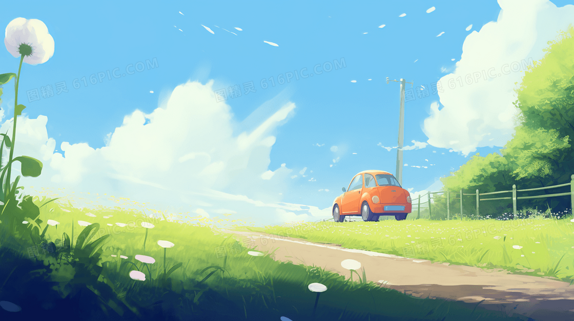 春季山野草地小道上停着的小汽车插画