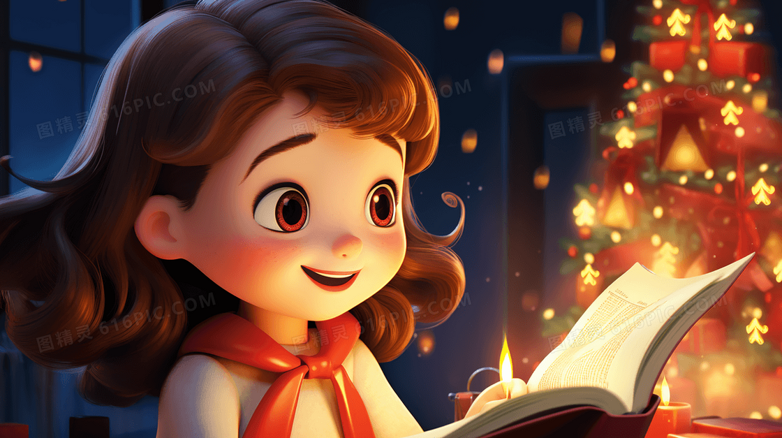 圣诞节夜晚在灯光下看书的女孩插画