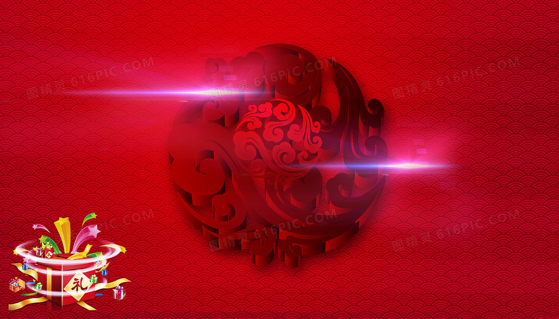 中国风祥云圆球礼物盒红色背景素材