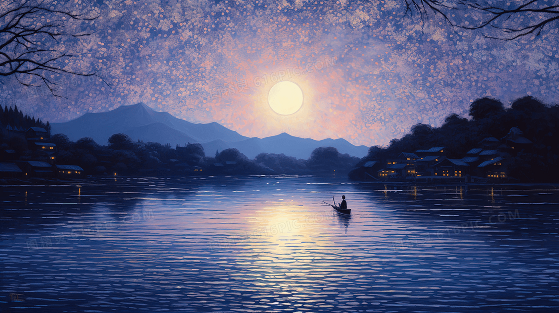 夜晚湖面泛舟月色风景插画
