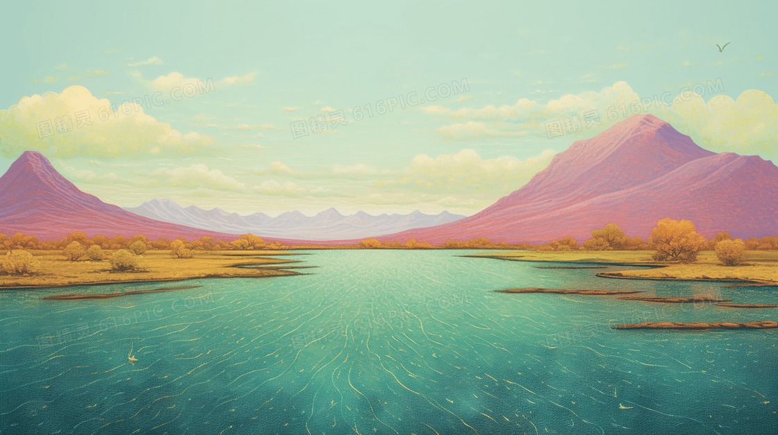 青色湖泊山水风景插画