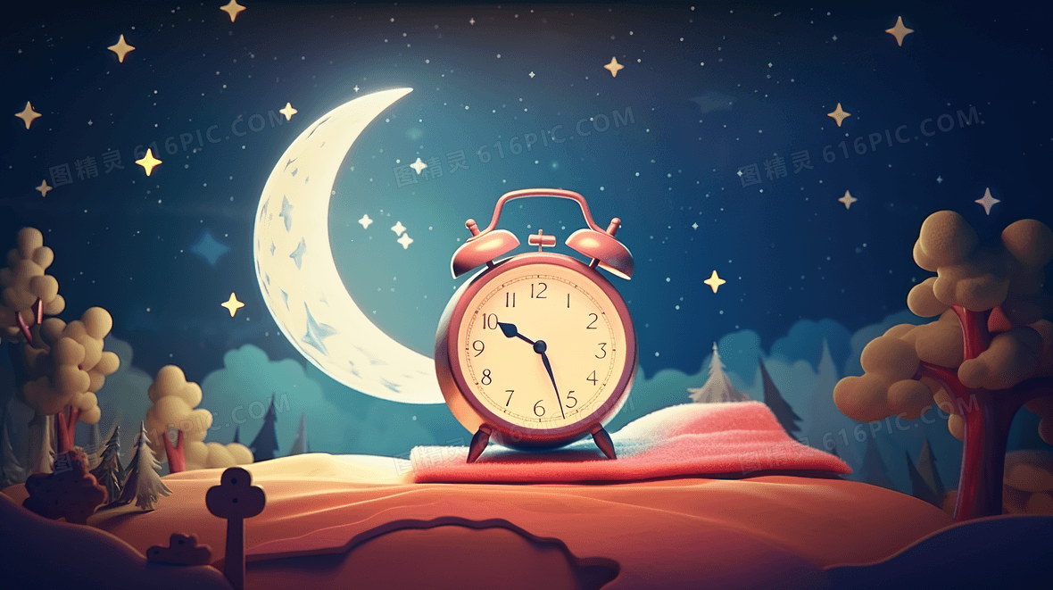 夜晚陪伴孩子进入梦乡的闹钟插画背景图片下载_2912x1632像素jpg格式