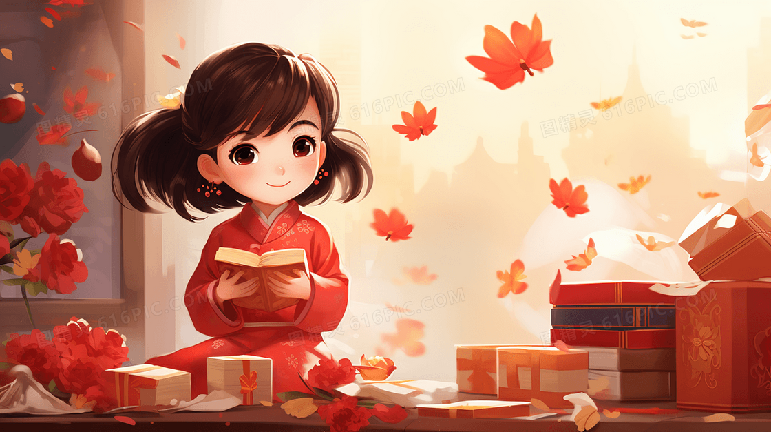 秋天落叶下看书的古典女孩插画