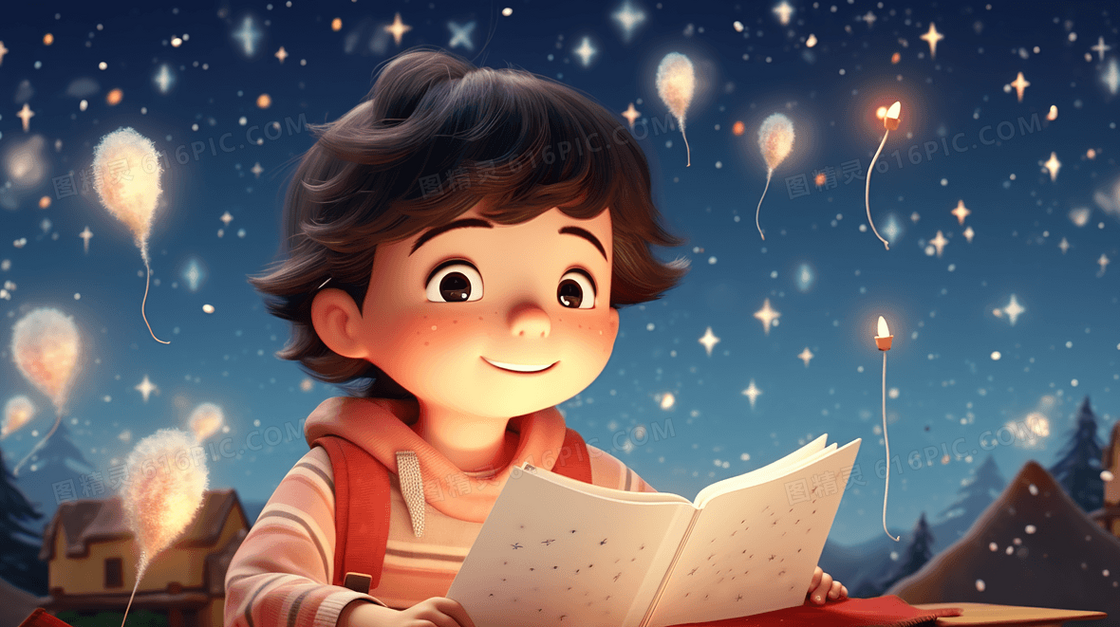 夜晚梦幻星光下看书的小男孩插画