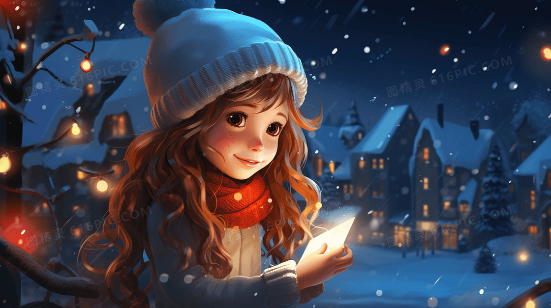 下雪天城堡旁看信的孩子插画