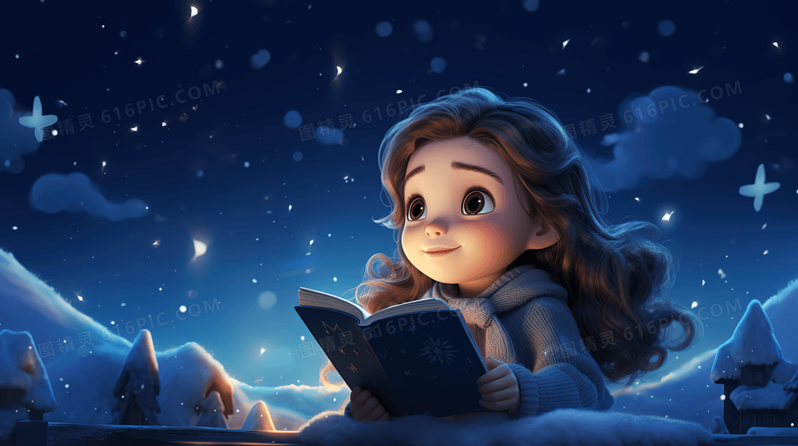 夜晚星空雪地里看书的女孩插画