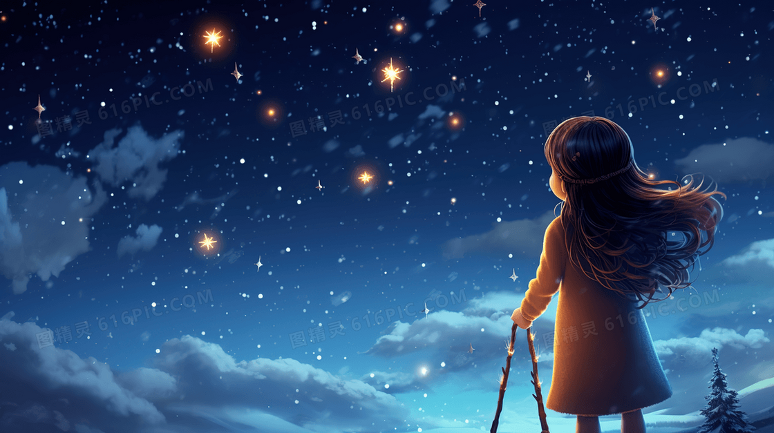 冬季夜晚雪地里眺望星空的少年插画