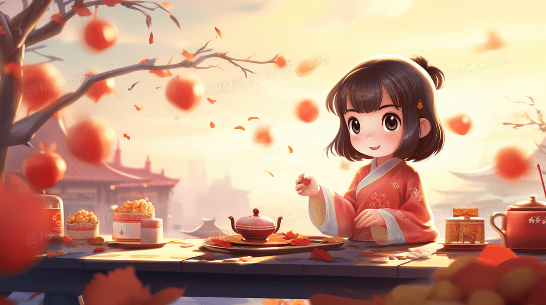 秋天柿子树下喝茶的古风女孩插画