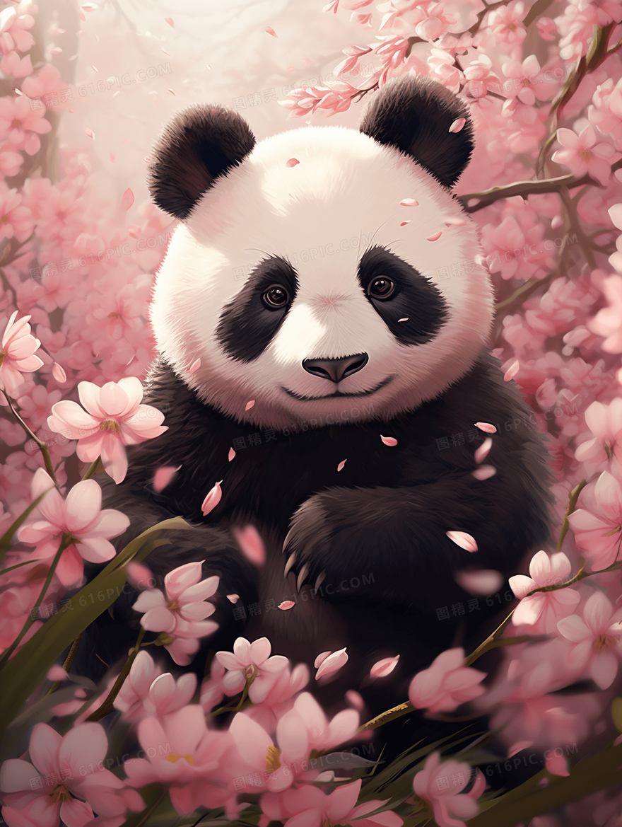 卡通大熊猫唯美花朵保护动物插画