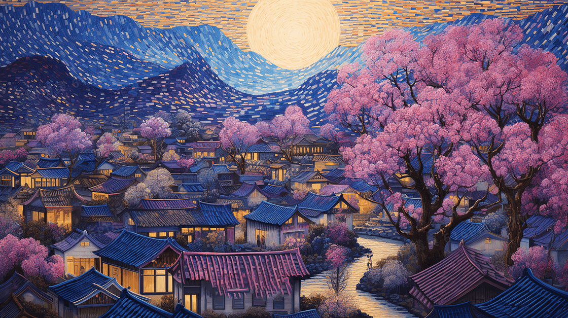 夜晚月光下的村庄建筑风景插画