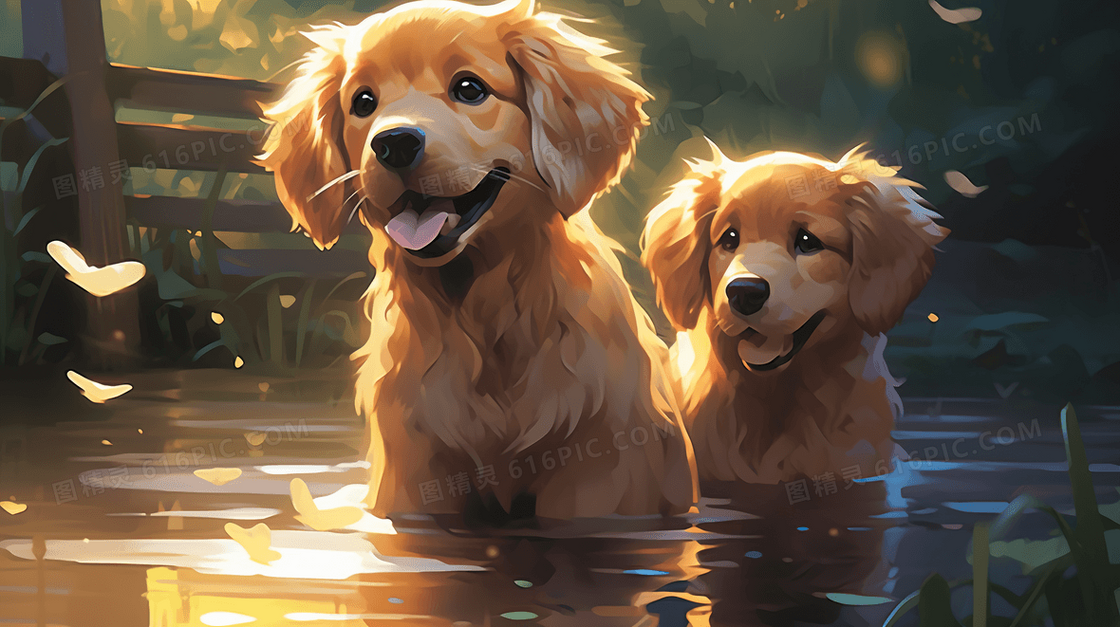 卡通可爱金毛小狗在水里玩耍插画